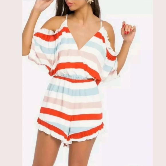Lovers+Friends Malia Bold Striped Romper Ruffled Rainbow One Piece Cold Shoulder - Picture 2 of 8